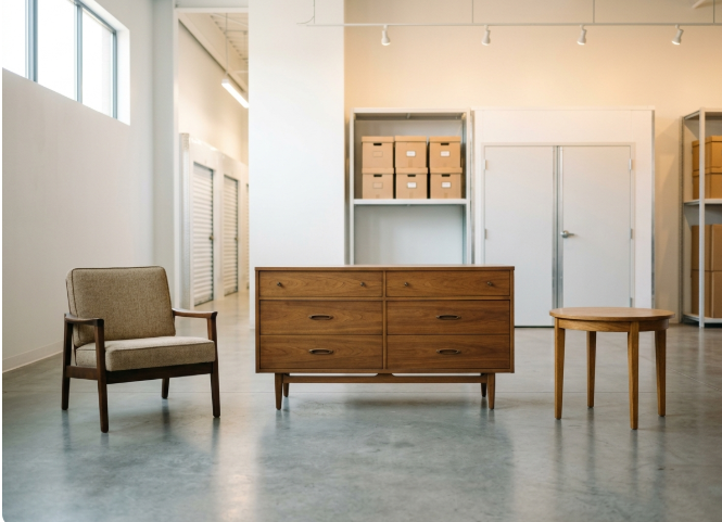 Vintage wooden dresser, armchair, and side table spaced apart in a clean, brightly lit storage unit with warm lighting.