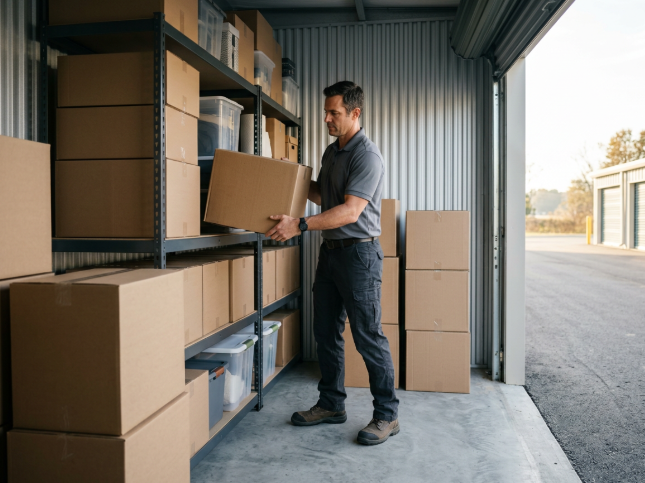 A man organizes boxes and items inside a self storage unit with a concrete floor in the morning light.