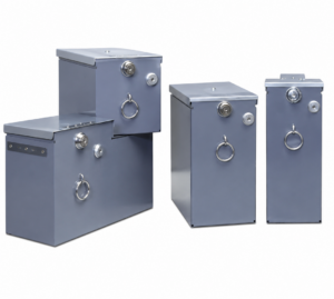 Four coin boxes are shown that are products of Safeguard Coin Box.
