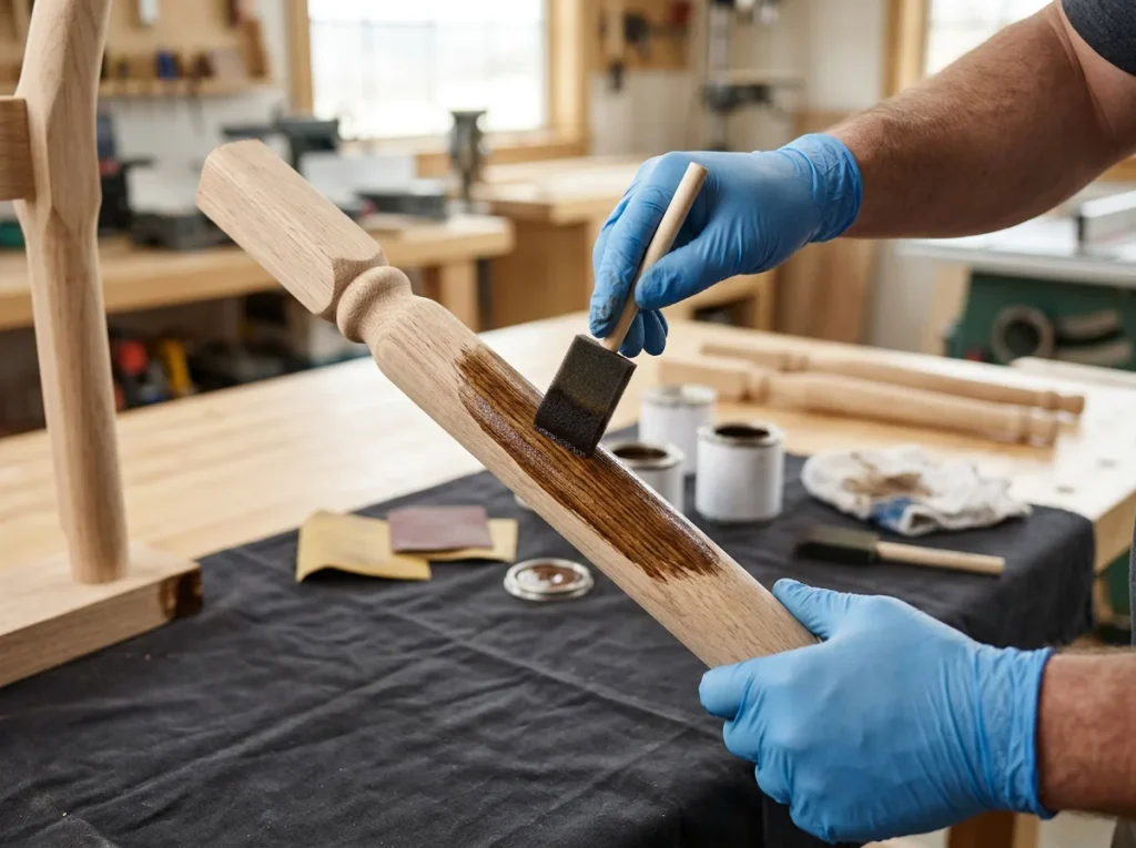 A furniture thrifter adds a layer of stain to a wooden table leg.