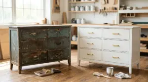 A before-and-after comparison of a chest of drawers that has been restored.