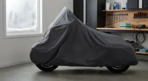 A motorcycle sits indoors in storage under a tarp on a snowy day.