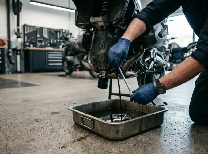 A bike owner lifts his motorcycle and empties the oil pan.